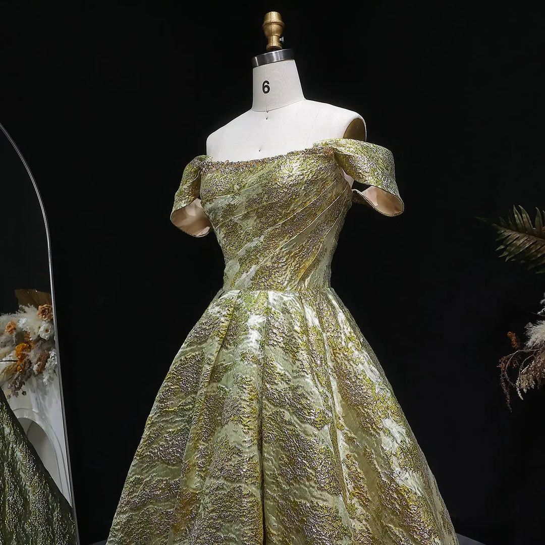 Luxury Gold Jacquard Off-Shoulder Ball Gown Satin Evening Dress SS742