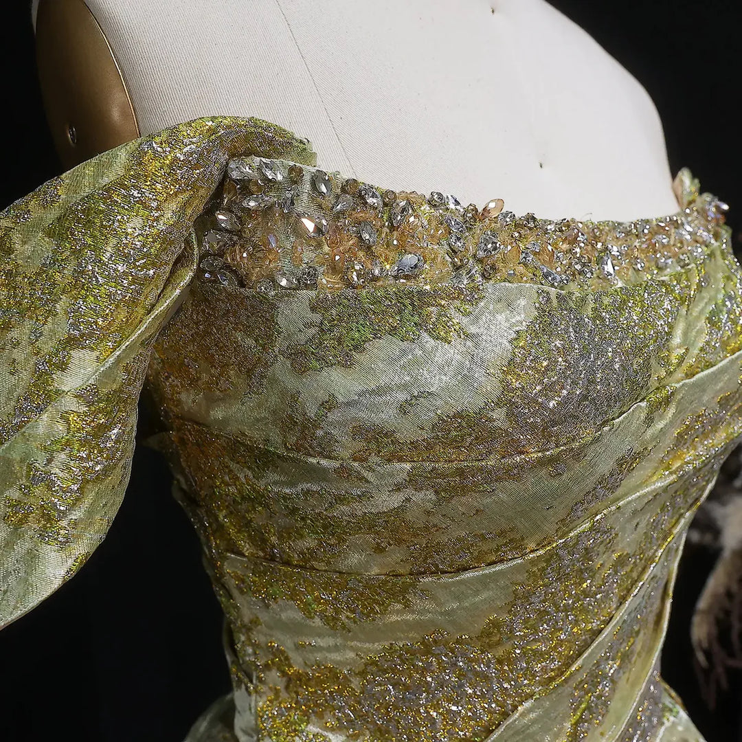 Luxury Gold Jacquard Off-Shoulder Ball Gown Satin Evening Dress SS742