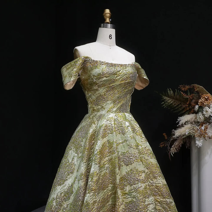 Luxury Gold Jacquard Off-Shoulder Ball Gown Satin Evening Dress SS742