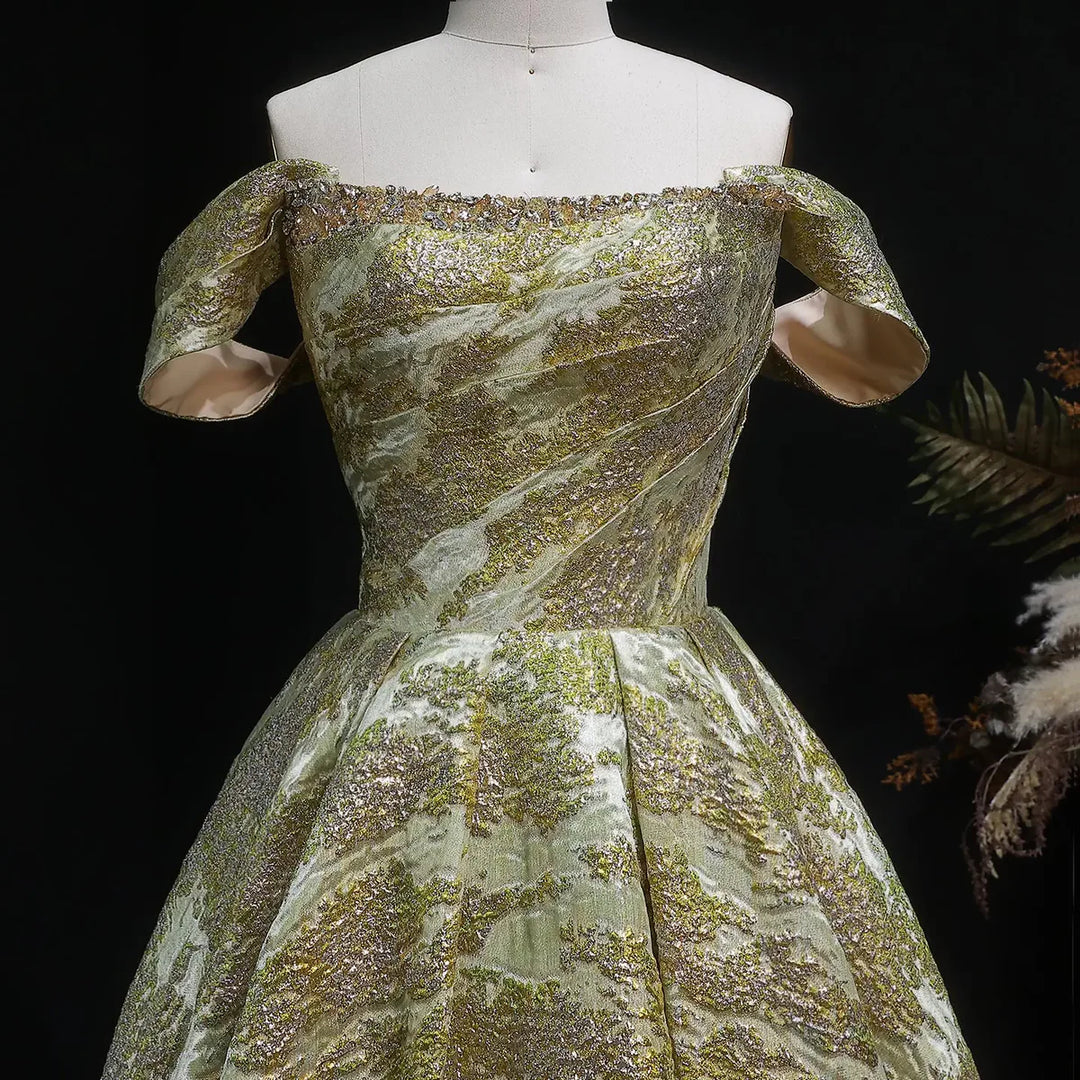 Luxury Gold Jacquard Off-Shoulder Ball Gown Satin Evening Dress SS742