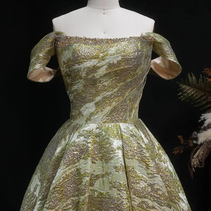 Luxury Gold Jacquard Off-Shoulder Ball Gown Satin Evening Dress SS742