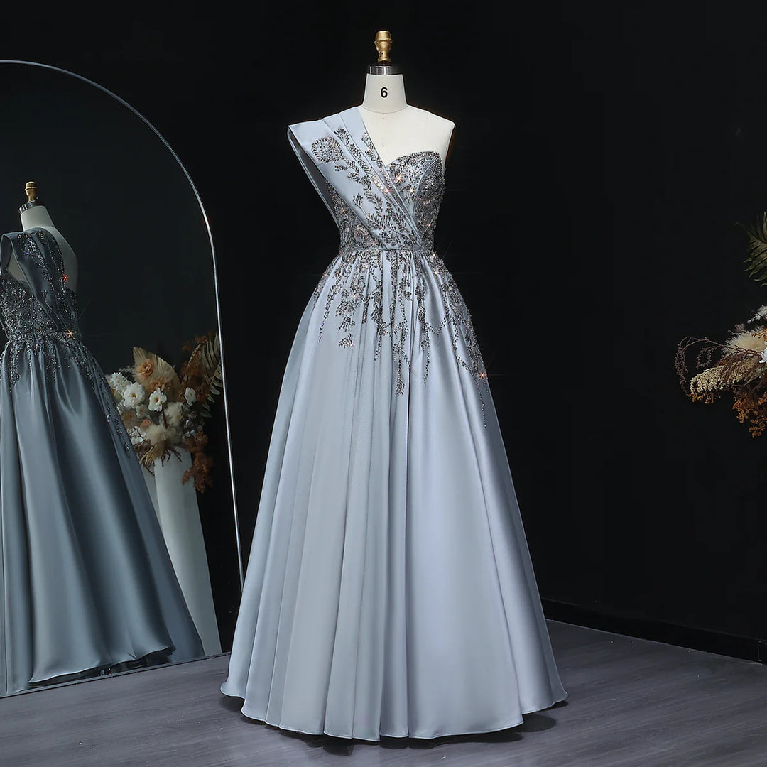 Luxury Gray One-Shoulder Crystal Embellished A-Line Evening Dress XD040