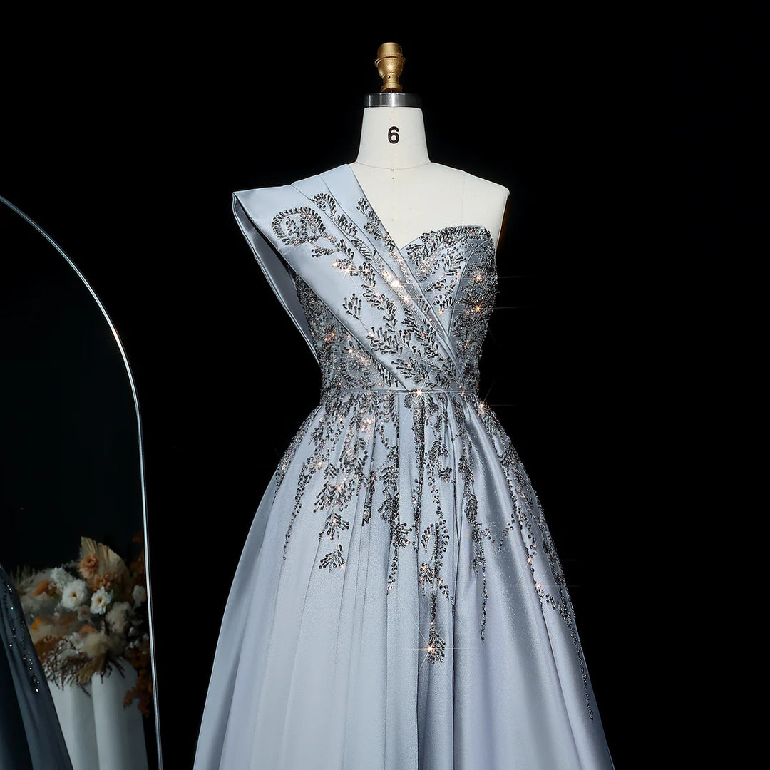 Luxury Gray One-Shoulder Crystal Embellished A-Line Evening Dress XD040