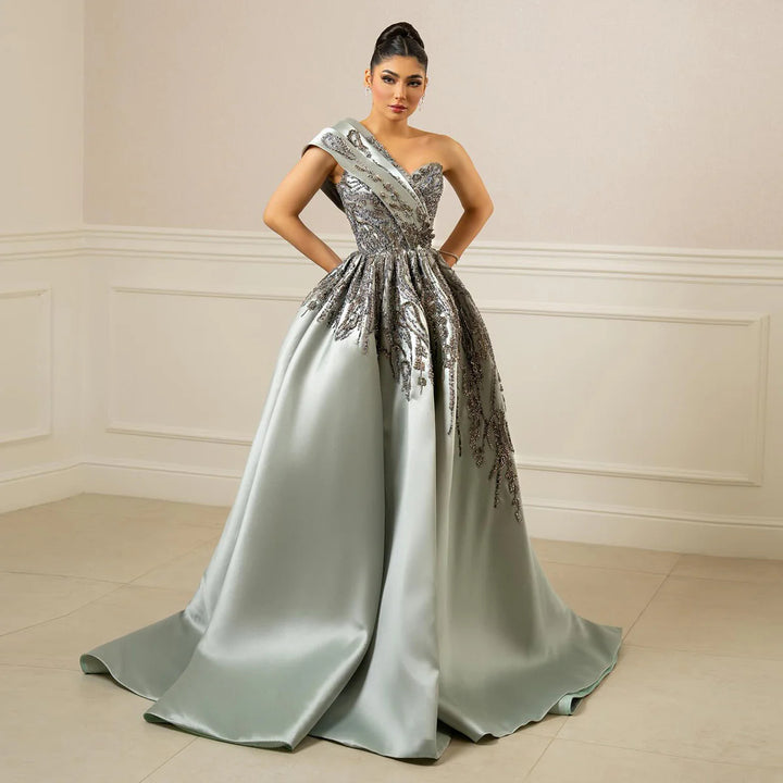Luxury Gray One-Shoulder Crystal Embellished A-Line Evening Dress XD040