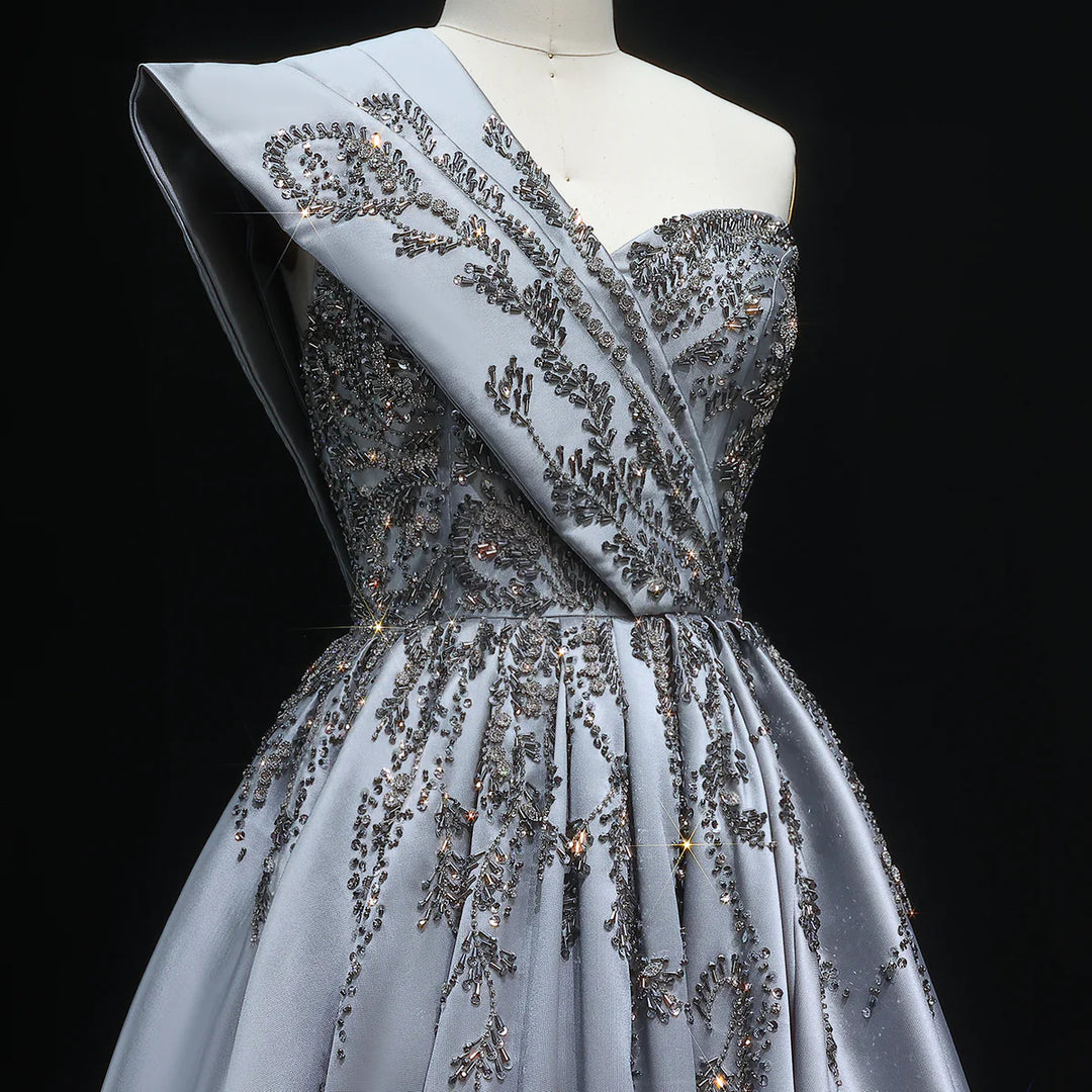 Luxury Gray One-Shoulder Crystal Embellished A-Line Evening Dress XD040
