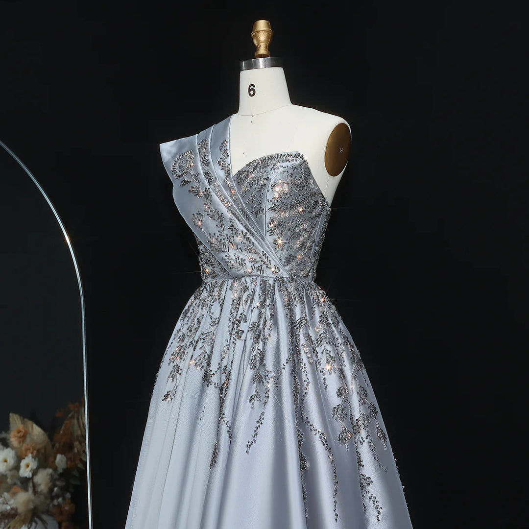 Luxury Gray One-Shoulder Crystal Embellished A-Line Evening Dress XD040