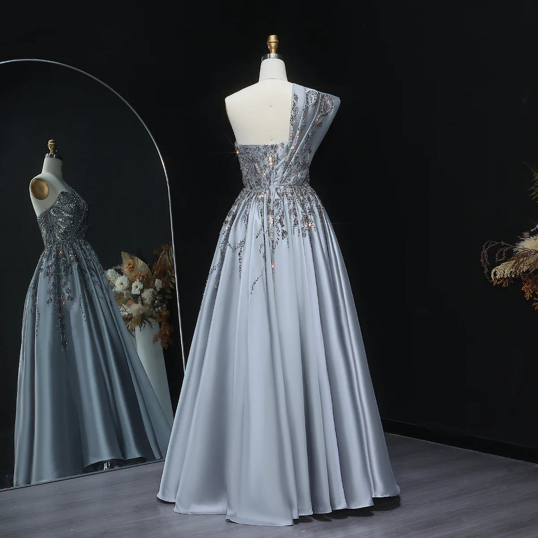 Luxury Gray One-Shoulder Crystal Embellished A-Line Evening Dress XD040