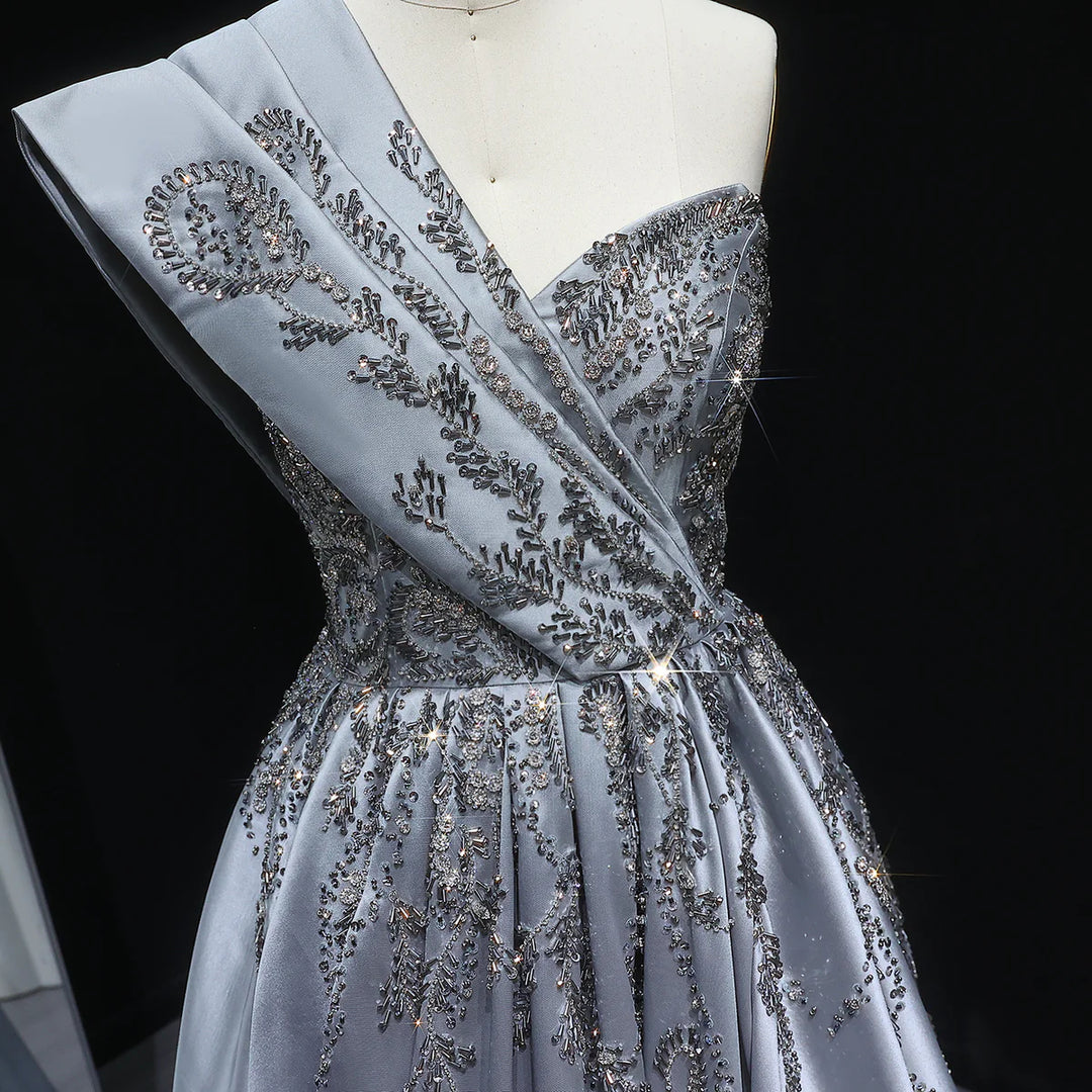 Luxury Gray One-Shoulder Crystal Embellished A-Line Evening Dress XD040