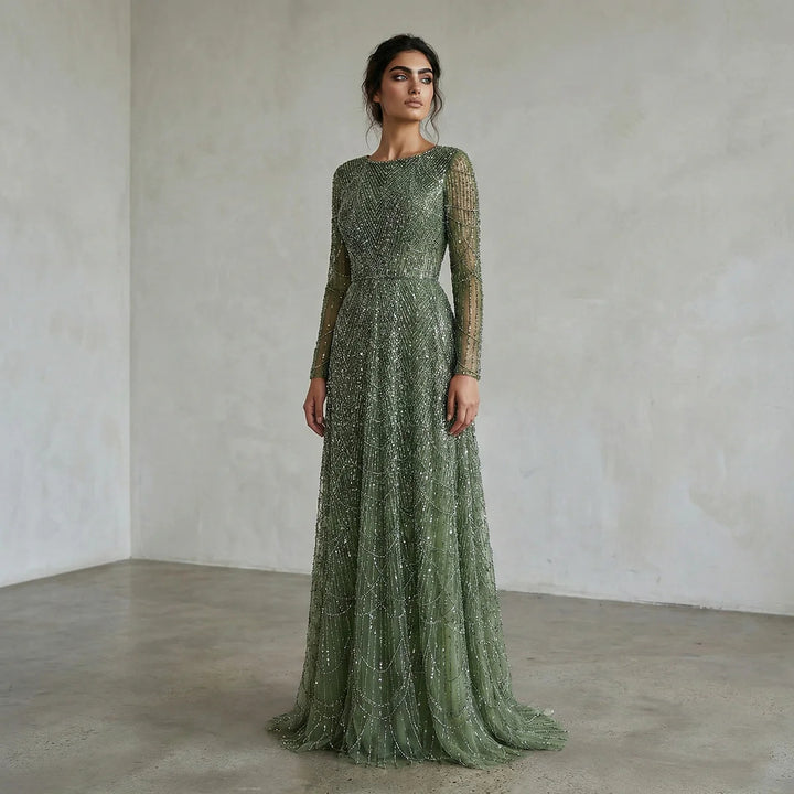 Luxury Emerald Green Beaded Long Sleeve Evening Gown SS625