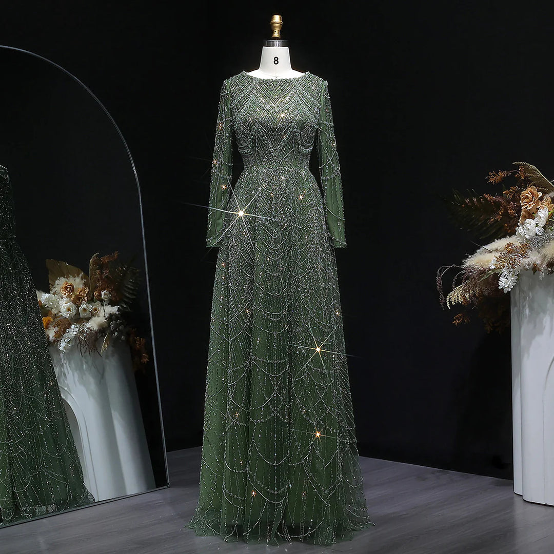 Luxury Emerald Green Beaded Long Sleeve Evening Gown SS625