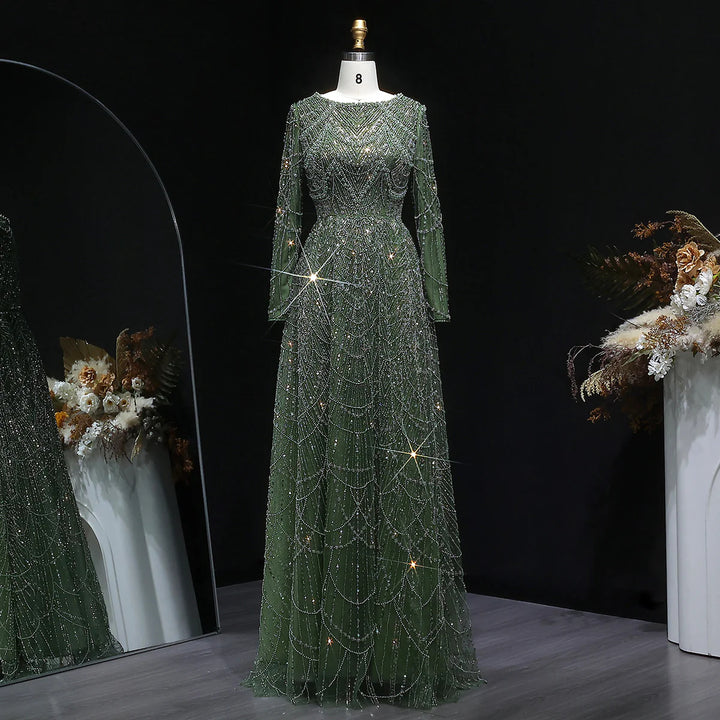 Luxury Emerald Green Beaded Long Sleeve Evening Gown SS625