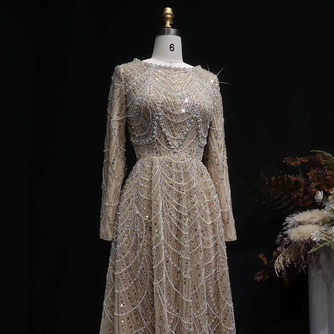 Luxury Emerald Green Beaded Long Sleeve Evening Gown SS625