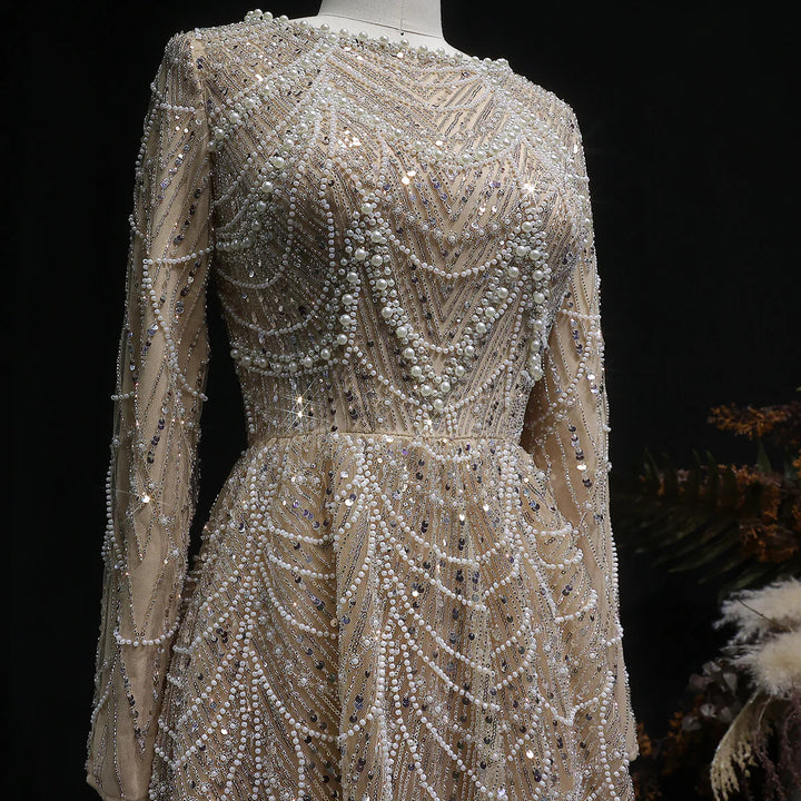 Luxury Emerald Green Beaded Long Sleeve Evening Gown SS625