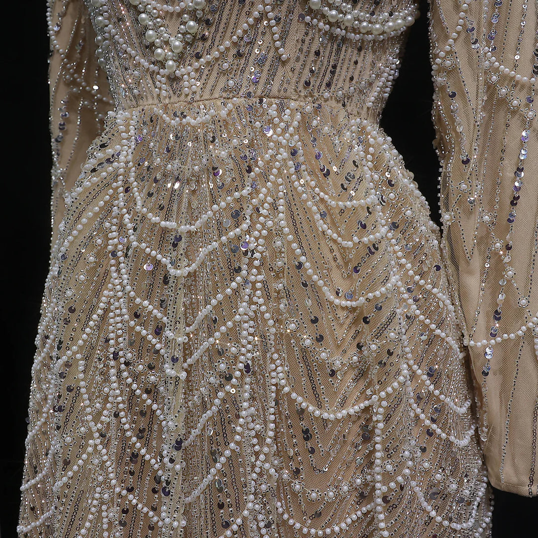 Luxury Emerald Green Beaded Long Sleeve Evening Gown SS625