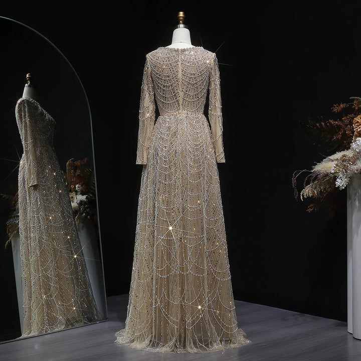 Luxury Emerald Green Beaded Long Sleeve Evening Gown SS625