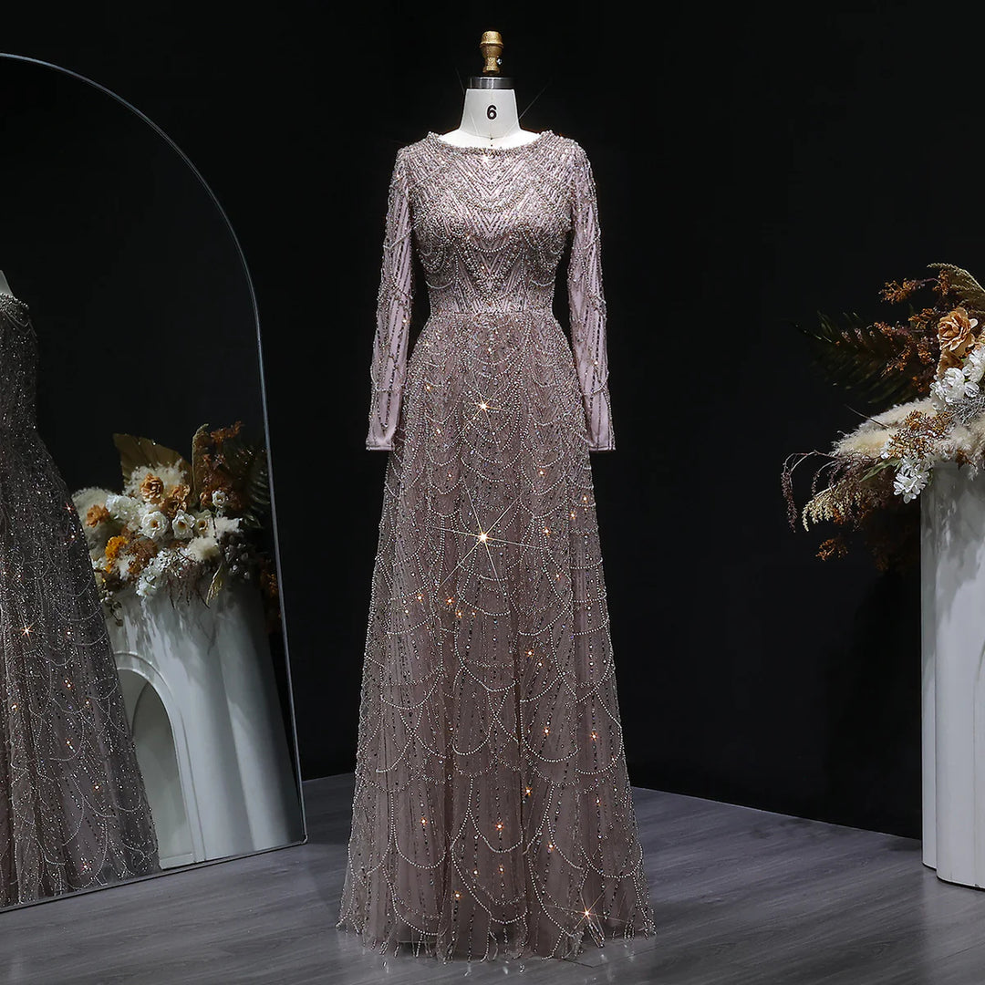 Luxury Emerald Green Beaded Long Sleeve Evening Gown SS625