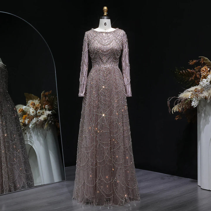 Luxury Emerald Green Beaded Long Sleeve Evening Gown SS625