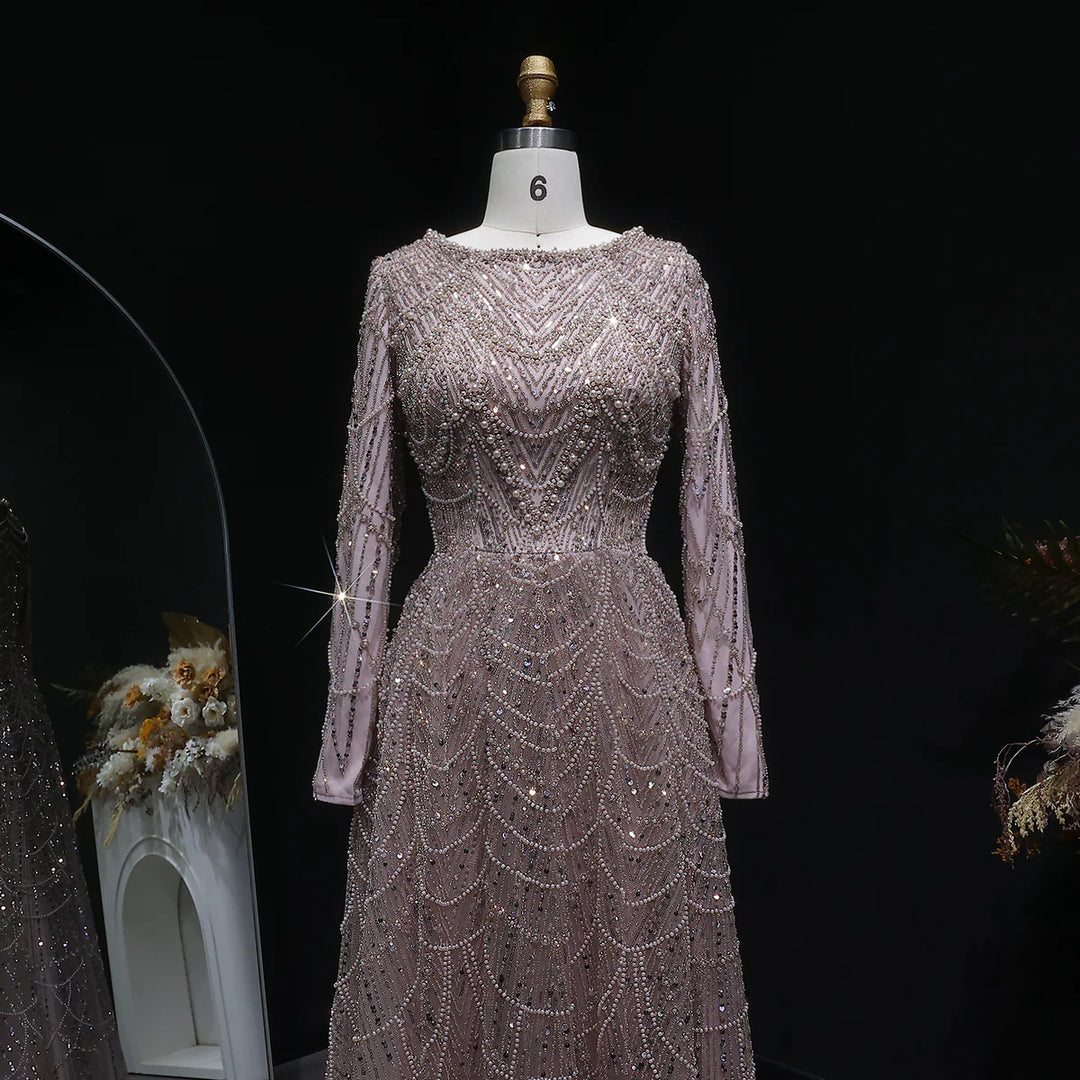 Luxury Emerald Green Beaded Long Sleeve Evening Gown SS625