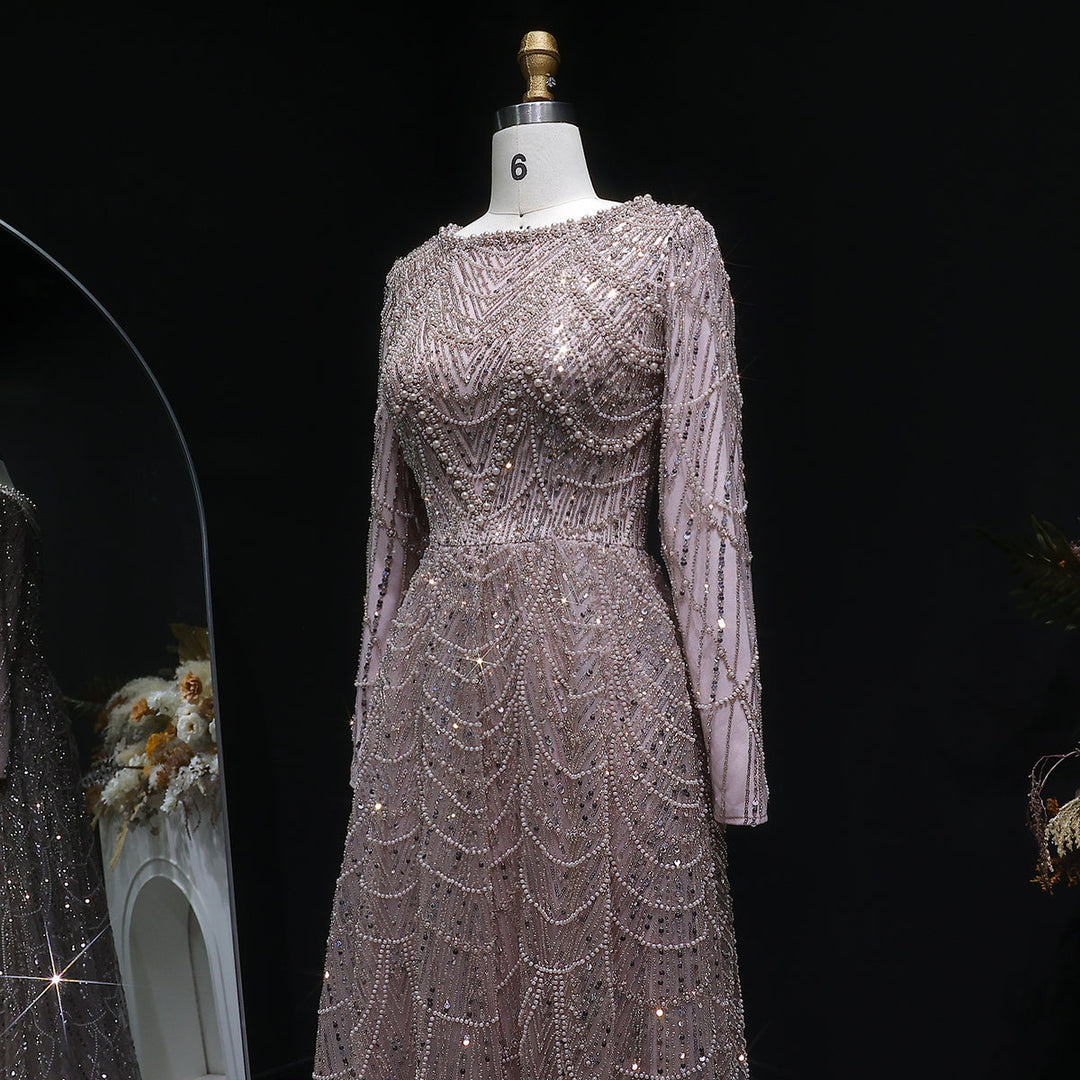 Luxury Emerald Green Beaded Long Sleeve Evening Gown SS625