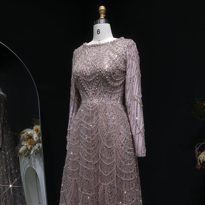 Luxury Emerald Green Beaded Long Sleeve Evening Gown SS625