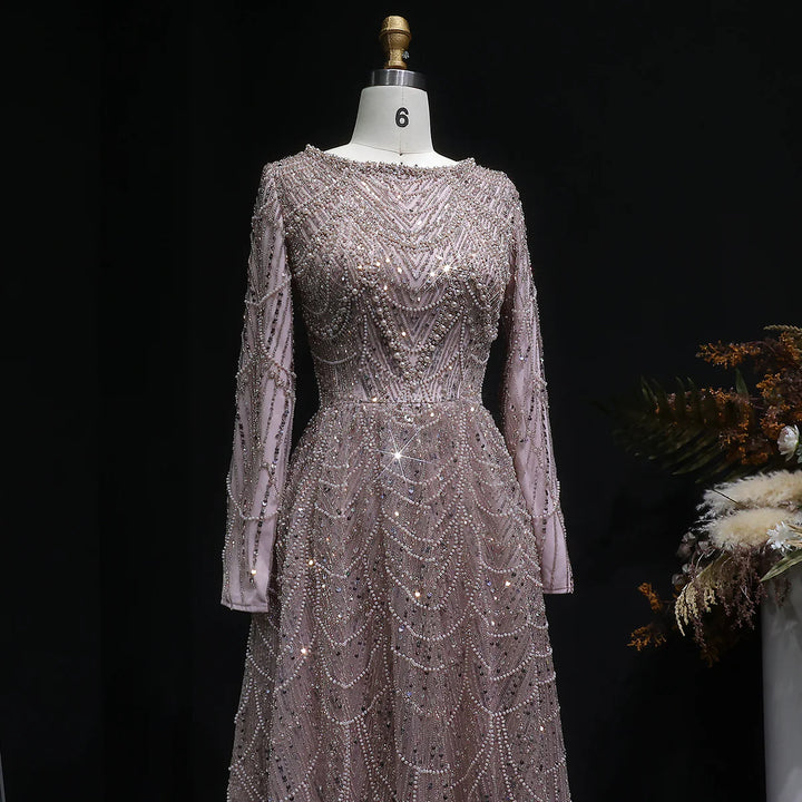 Luxury Emerald Green Beaded Long Sleeve Evening Gown SS625