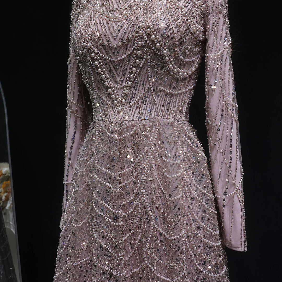 Luxury Emerald Green Beaded Long Sleeve Evening Gown SS625