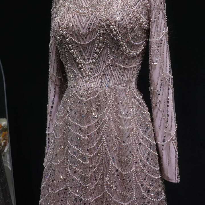 Luxury Emerald Green Beaded Long Sleeve Evening Gown SS625