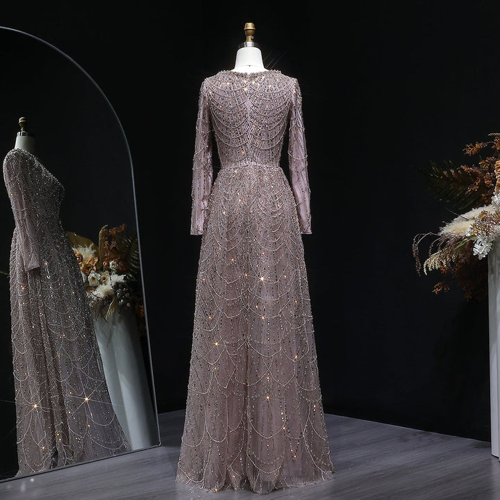 Luxury Emerald Green Beaded Long Sleeve Evening Gown SS625