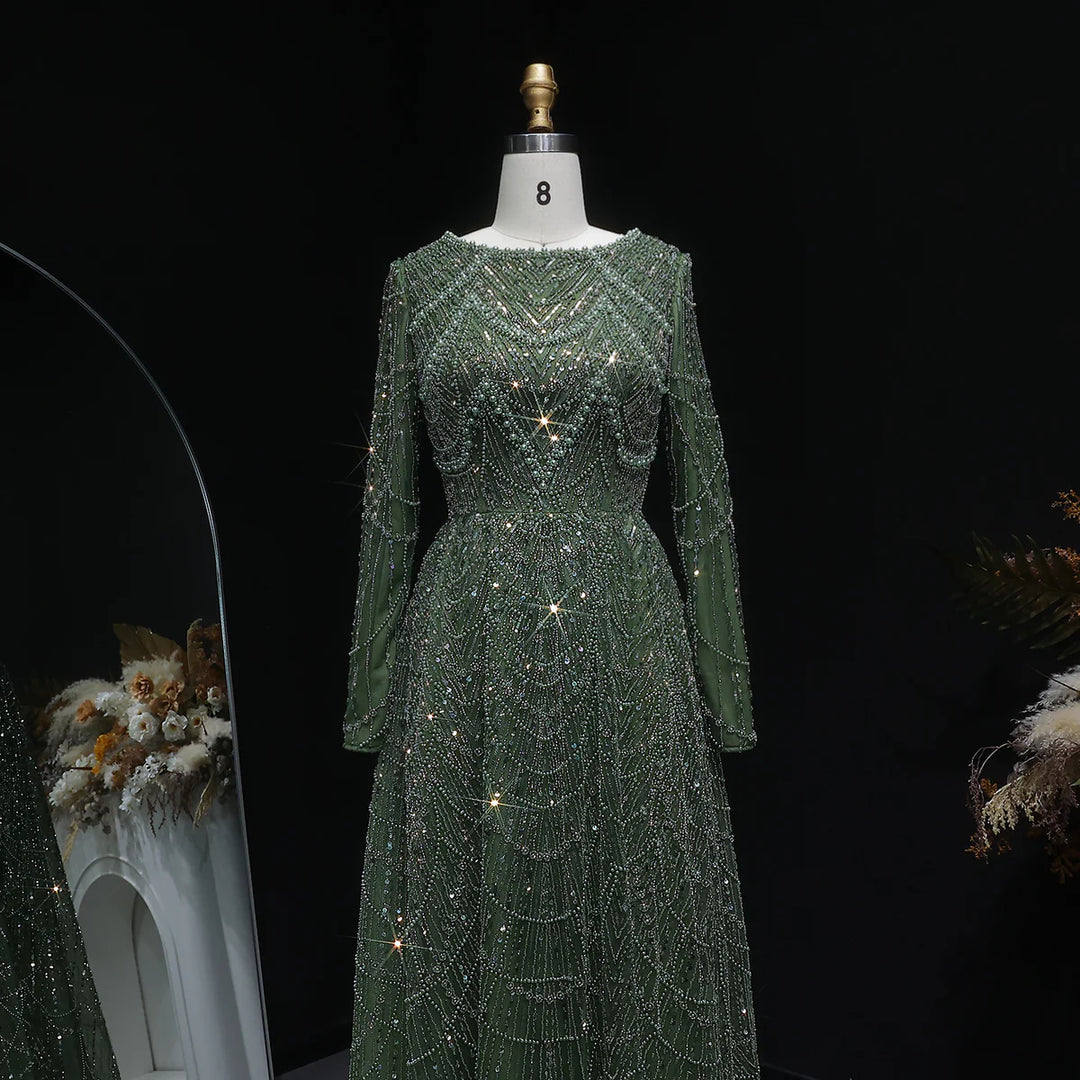 Luxury Emerald Green Beaded Long Sleeve Evening Gown SS625
