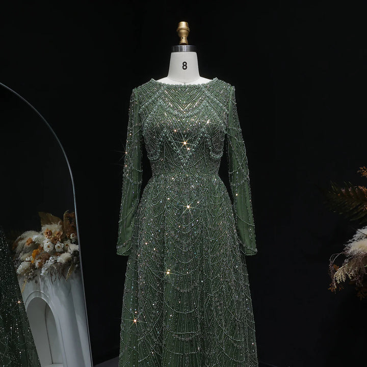 Luxury Emerald Green Beaded Long Sleeve Evening Gown SS625