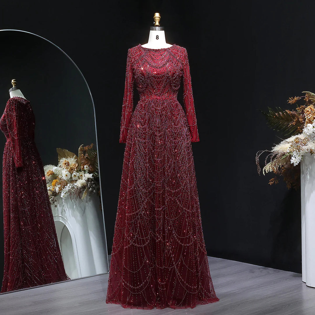 Luxury Emerald Green Beaded Long Sleeve Evening Gown SS625