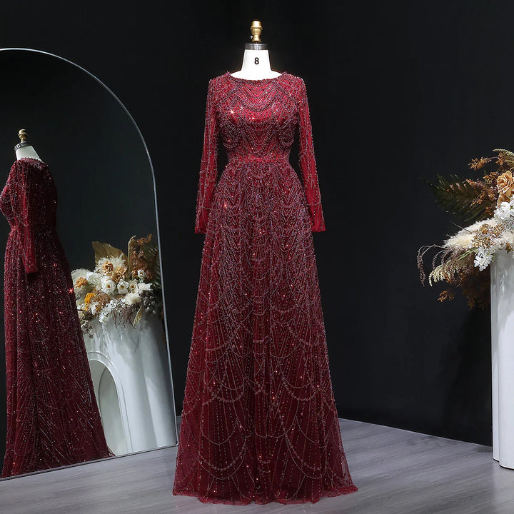 Luxury Emerald Green Beaded Long Sleeve Evening Gown SS625