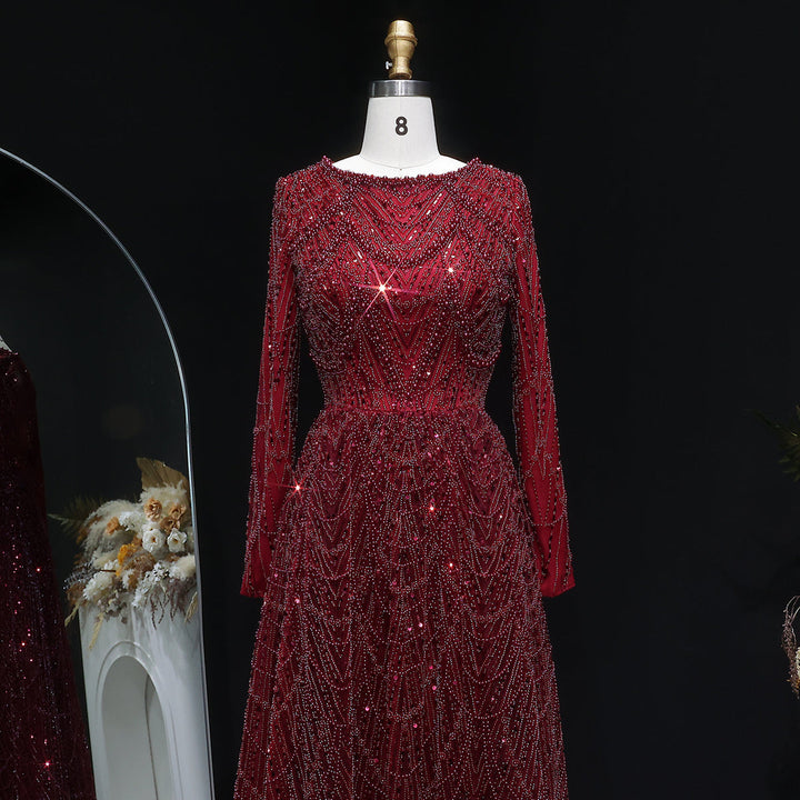 Luxury Emerald Green Beaded Long Sleeve Evening Gown SS625