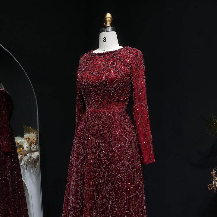 Luxury Emerald Green Beaded Long Sleeve Evening Gown SS625