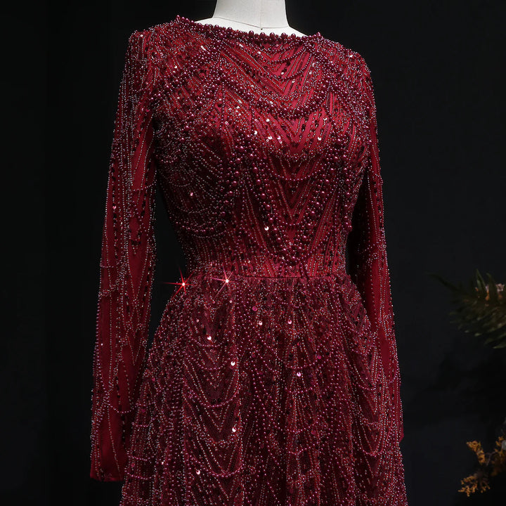 Luxury Emerald Green Beaded Long Sleeve Evening Gown SS625