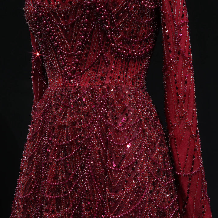 Luxury Emerald Green Beaded Long Sleeve Evening Gown SS625