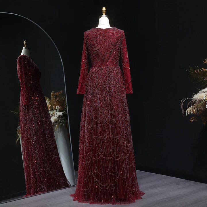 Luxury Emerald Green Beaded Long Sleeve Evening Gown SS625