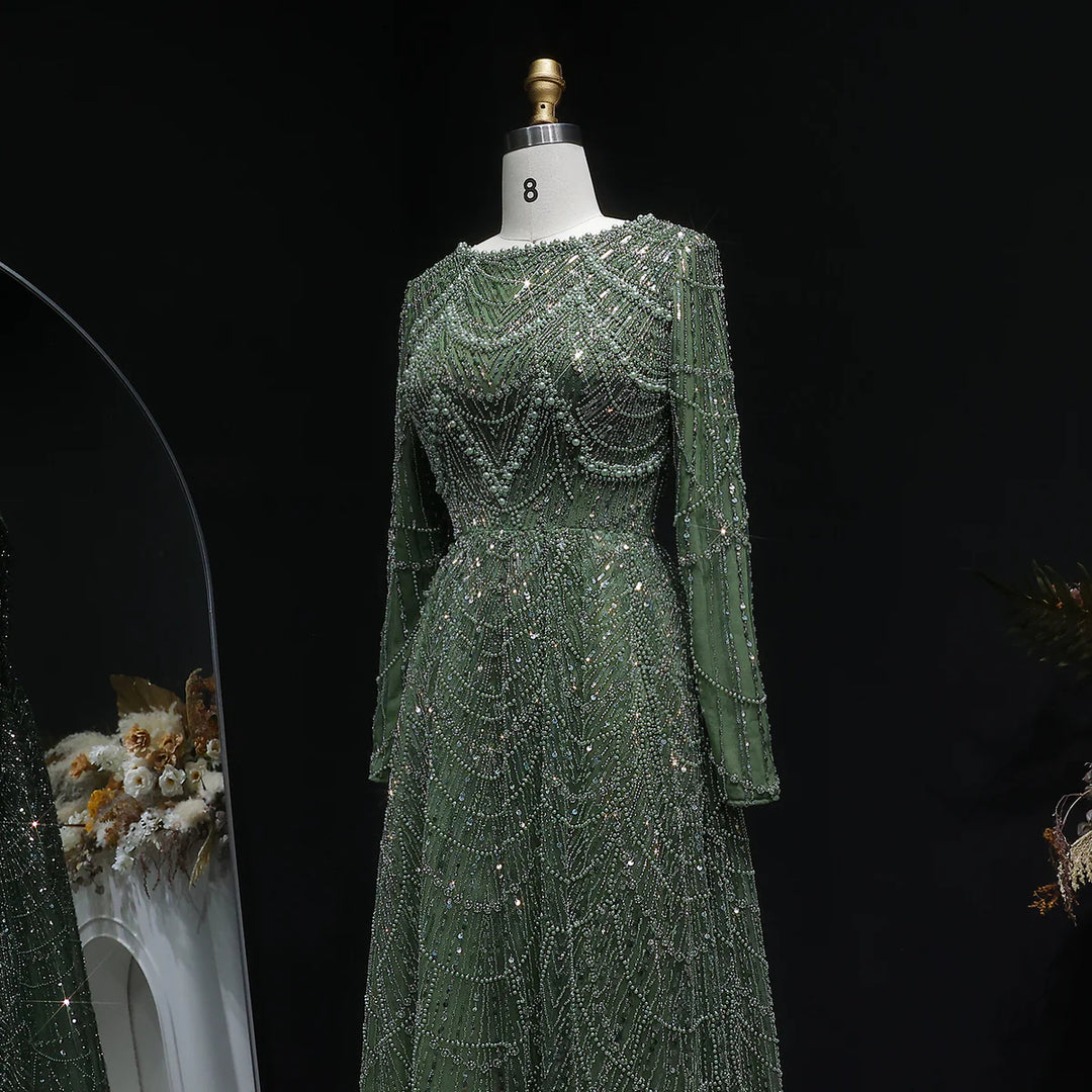Luxury Emerald Green Beaded Long Sleeve Evening Gown SS625
