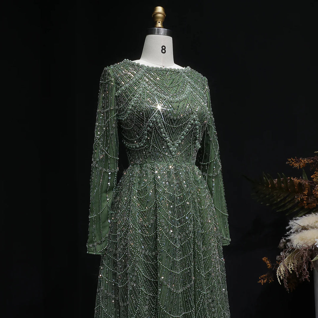 Luxury Emerald Green Beaded Long Sleeve Evening Gown SS625