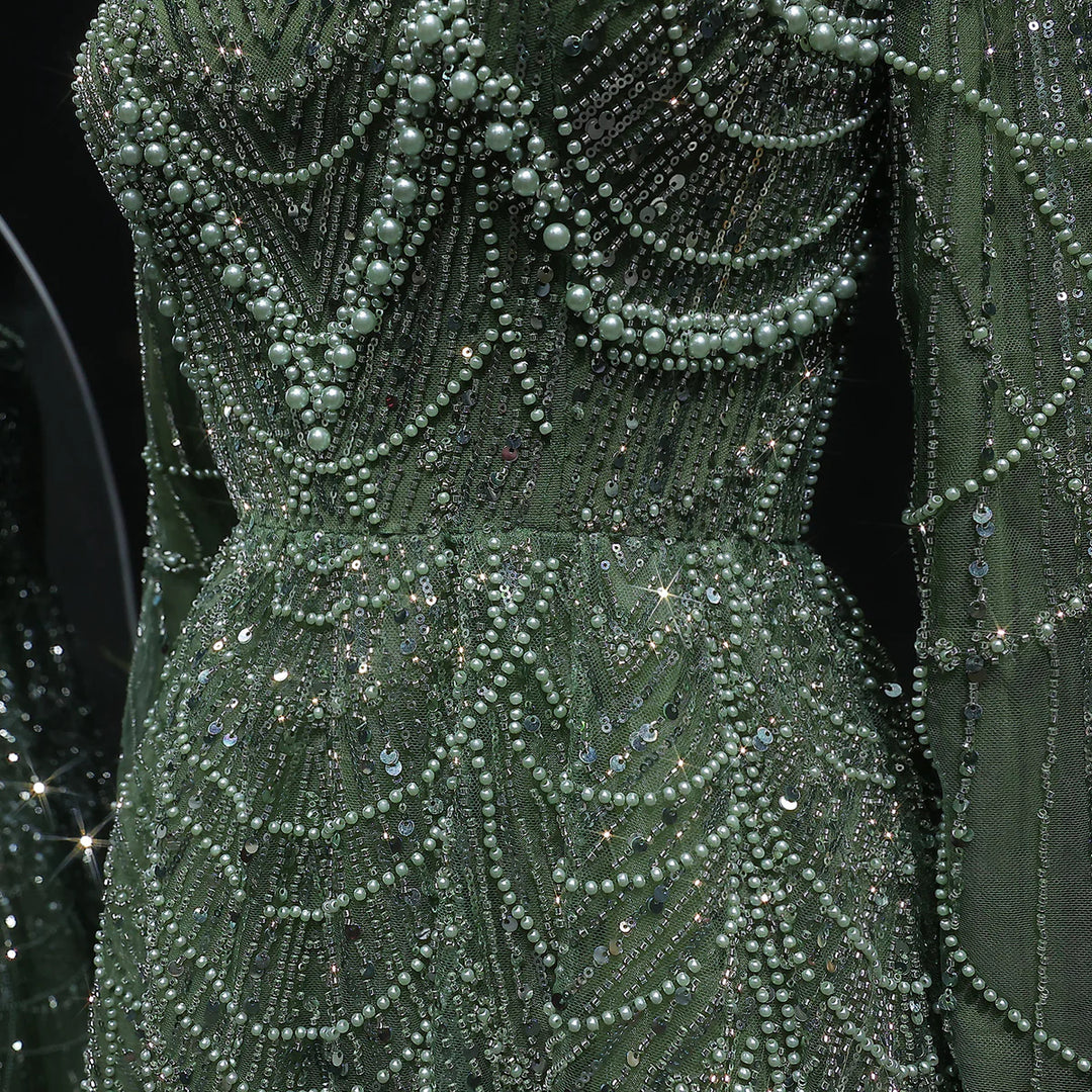 Luxury Emerald Green Beaded Long Sleeve Evening Gown SS625