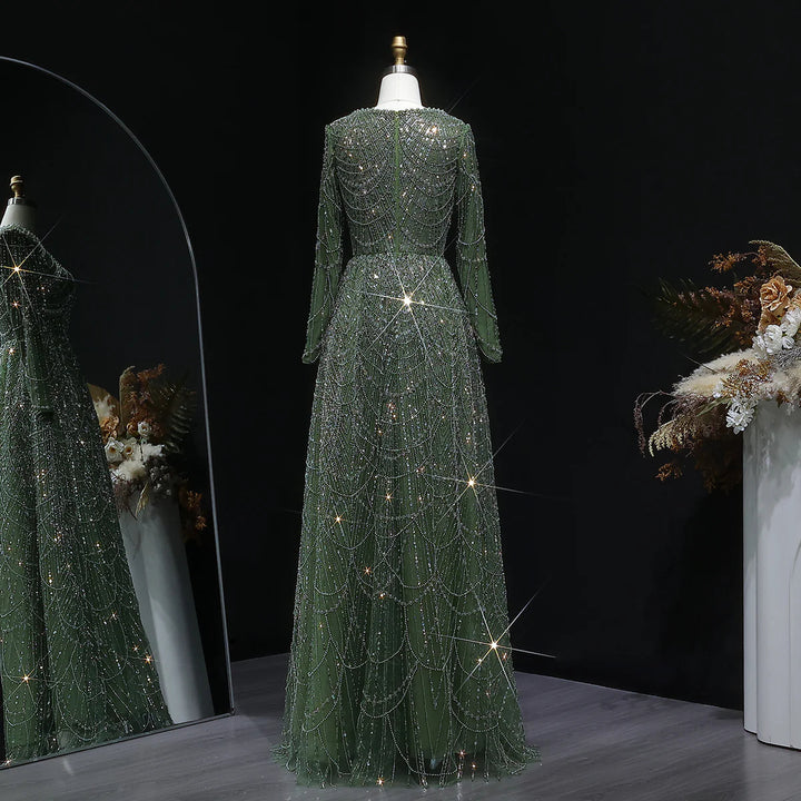 Luxury Emerald Green Beaded Long Sleeve Evening Gown SS625