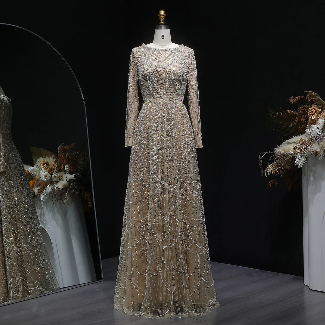 Luxury Emerald Green Beaded Long Sleeve Evening Gown SS625