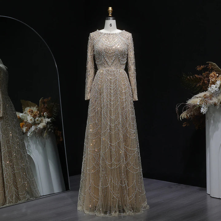 Luxury Emerald Green Beaded Long Sleeve Evening Gown SS625