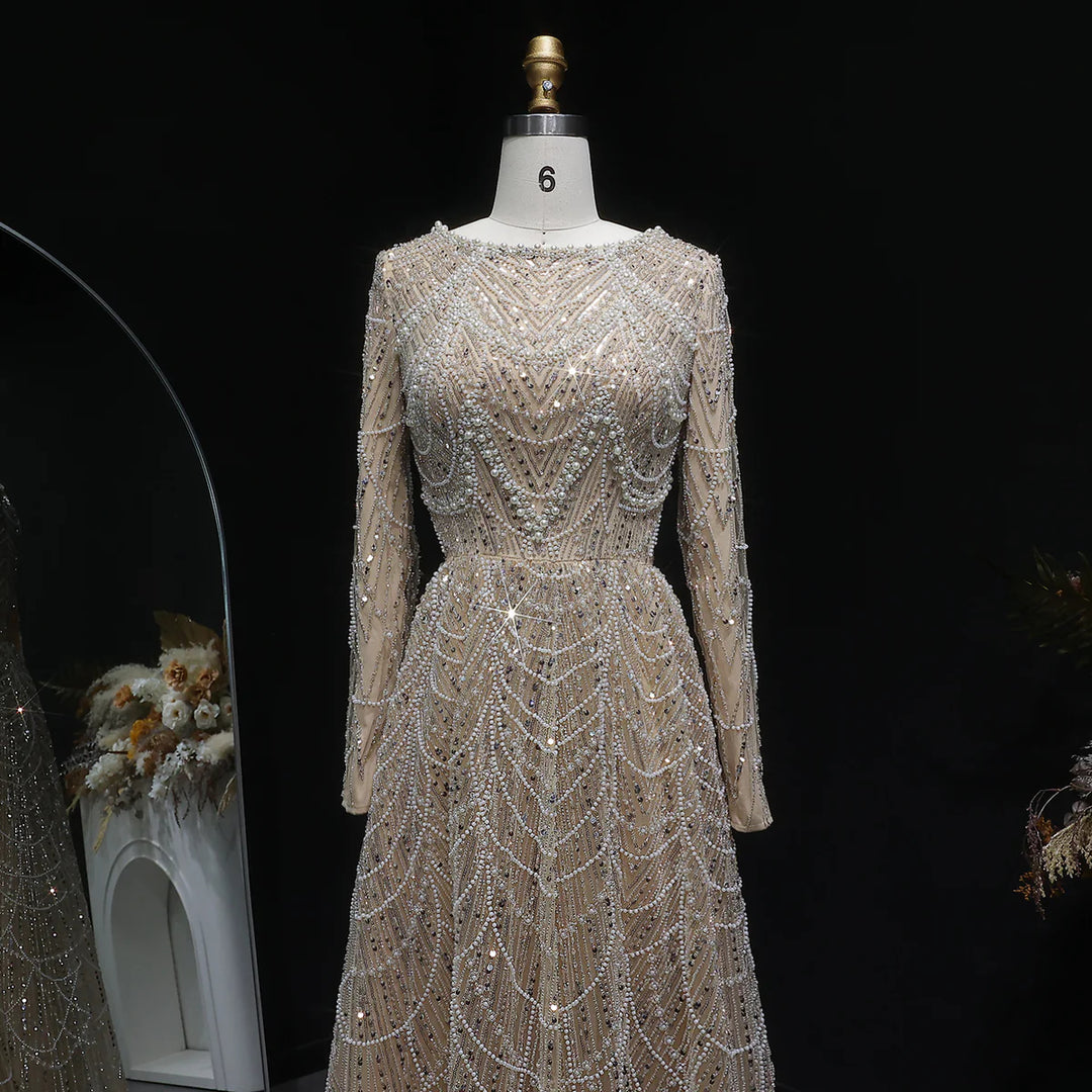 Luxury Emerald Green Beaded Long Sleeve Evening Gown SS625