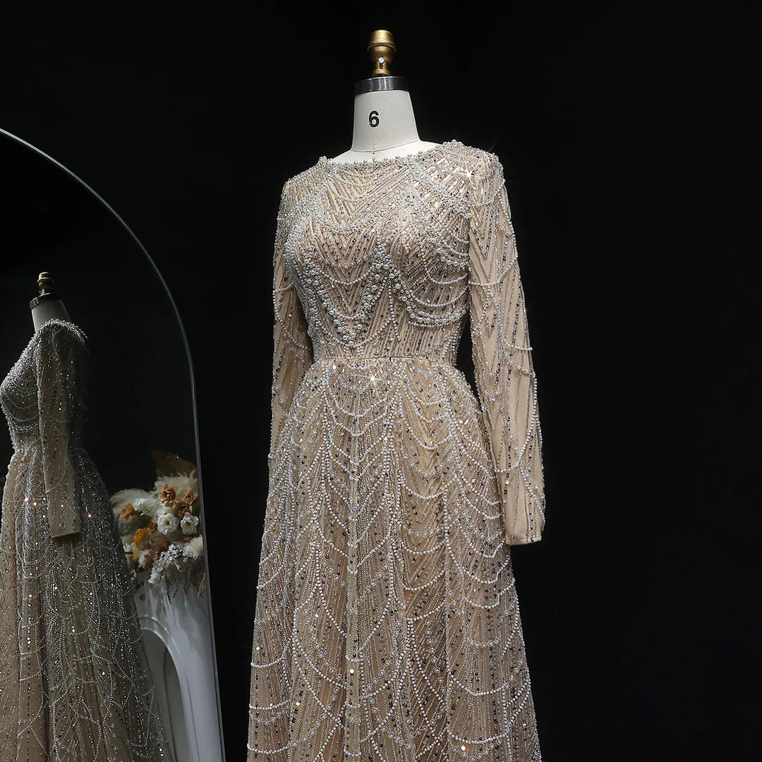 Luxury Emerald Green Beaded Long Sleeve Evening Gown SS625