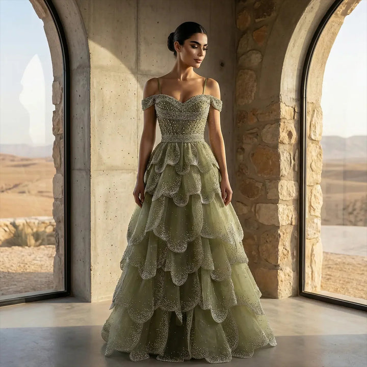 Elegant Green Layered Ruffle Evening Dress SS385