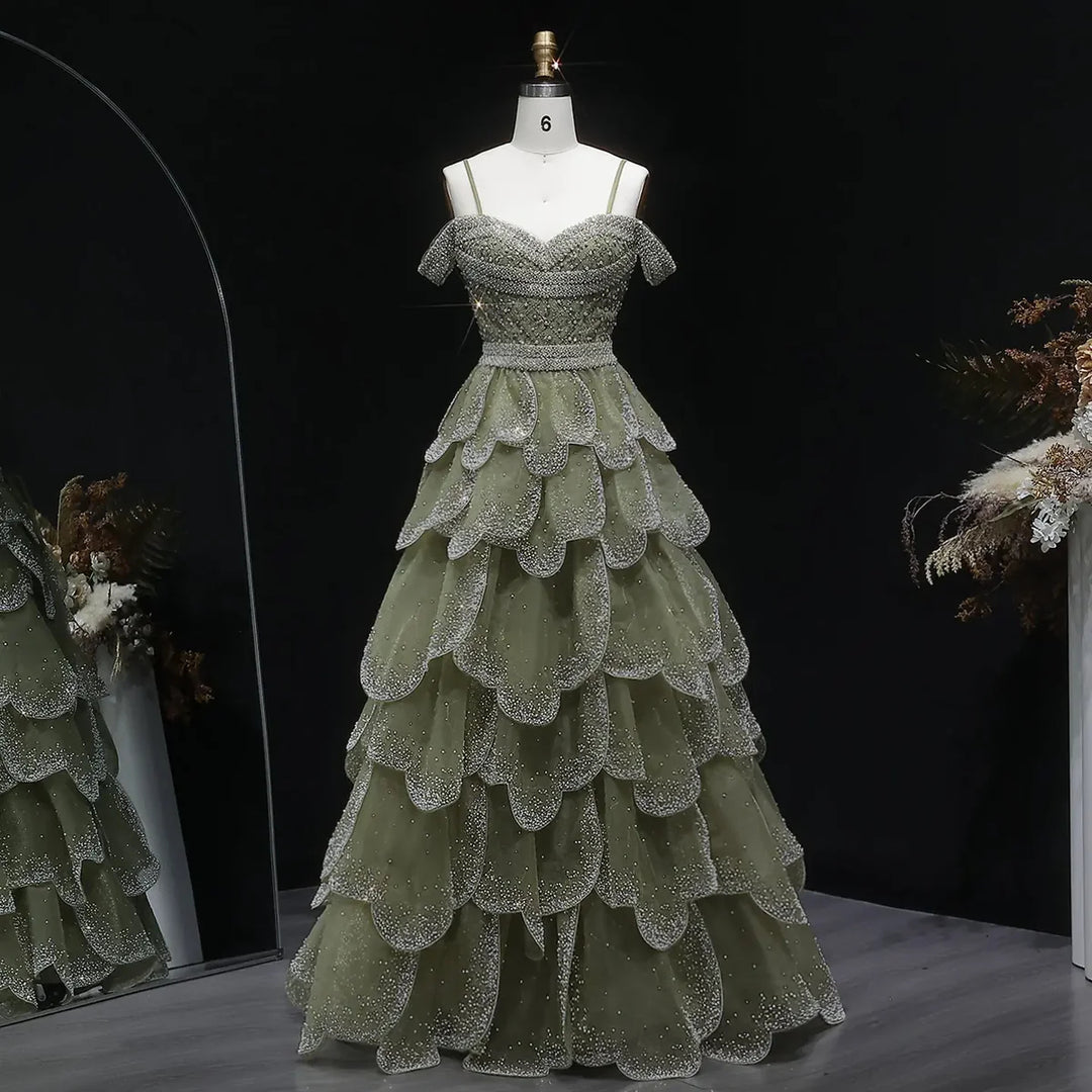 Elegant Green Layered Ruffle Evening Dress SS385