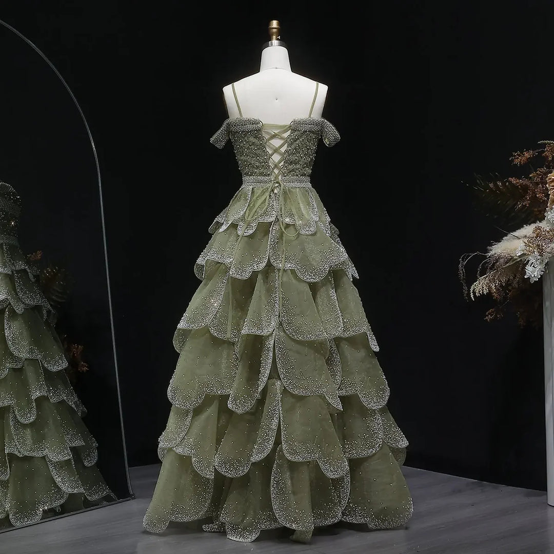 Elegant Green Layered Ruffle Evening Dress SS385