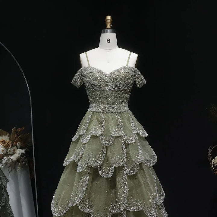 Elegant Green Layered Ruffle Evening Dress SS385