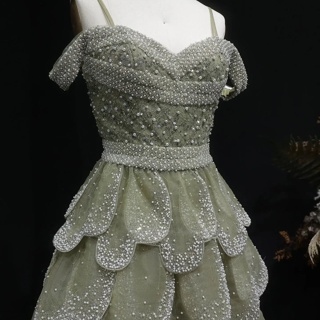 Elegant Green Layered Ruffle Evening Dress SS385